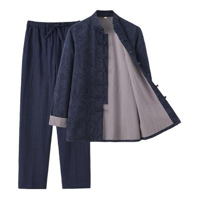 中国风唐装男青年长袖套装古风提花外套两件套中式汉服一整身休闲