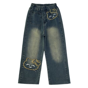 三条杠星星贴布蓝色牛仔裤男款美式高街水洗裤子宽松直筒阔腿长裤