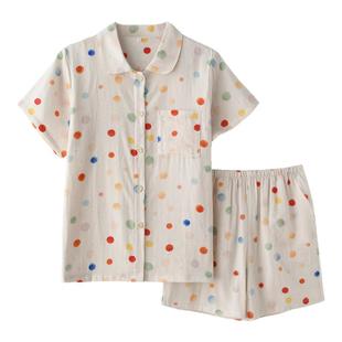 甜美可爱圆点彩虹泡泡睡衣女夏季纯棉纱布薄款短袖短裤家居服套装