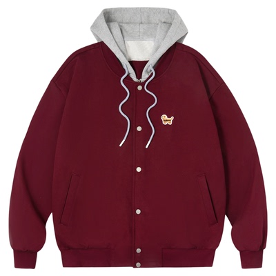 PSO Brand男装女装假两件可爱小狗棒球领针织开衫连帽卫衣外套