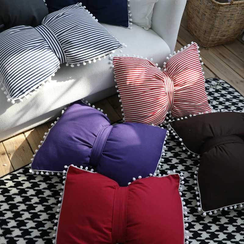 INS纯色条纹可爱球球北欧靠垫沙发枕芯床头抱可蝴蝶结含INS拆洗