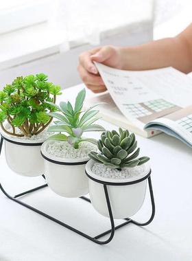 简约创意梯形三连套铁艺白色陶瓷组合多肉花盆铁架套装