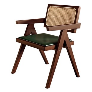 实木餐椅家用昌迪加尔椅侘寂风软包扶手靠背椅中古风休闲藤编椅子