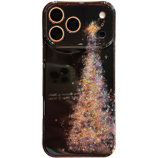 卡巴顿 高级感黑底闪粉圣诞树适用苹果17promax手机壳新款iphone16pro女15pro带毛绒手链14pro秋冬13超好看套