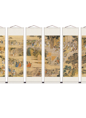 群仙祝寿图人物六条屏字画卷轴装饰国画丝绸礼品送客户风水画套装