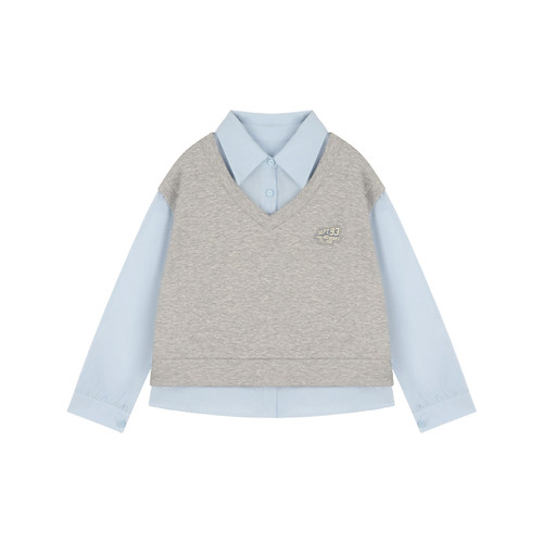 Amybaby女童上装春季2026新款韩版春日学院风假两件拼接衬衫上衣