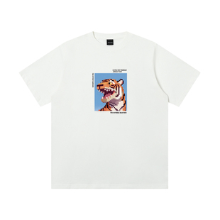 丛林老虎像素风印花纯棉男生短袖t恤夏季260g重磅宽松休闲圆领tee