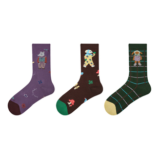 文艺复兴设计师复古插画卡通动物中筒袜秋季趣味个性袜子女堆堆袜