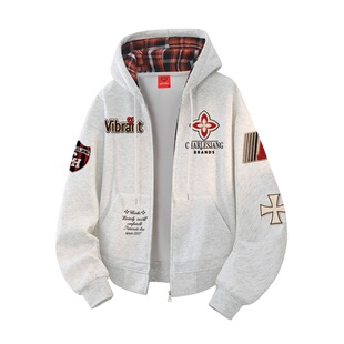 查尔斯桃心美式格纹加绒加厚开衫卫衣男冬季新款潮牌百搭情侣外套