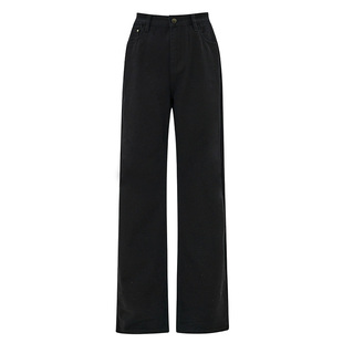 黑色直筒牛仔裤女秋冬季加绒加厚小个子高腰宽松显瘦窄版阔腿裤子