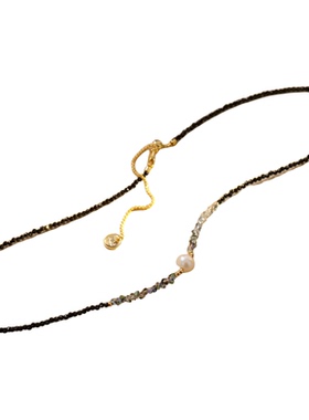 春夏新款黑尖晶石珍珠锁骨项链