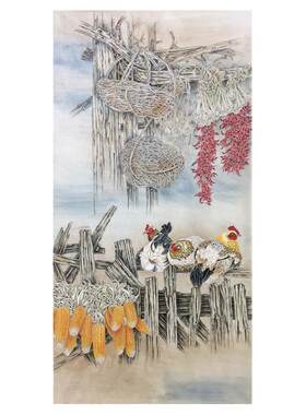 工笔画白描底稿公鸡临陈东山《农家乐》大幅国画花鸟线描打印底稿