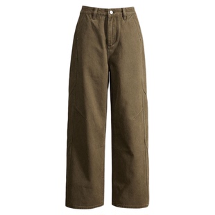 美拉德棕咖色加绒阔腿弯刀牛仔裤女2025冬季新款高腰垂感拖地裤子