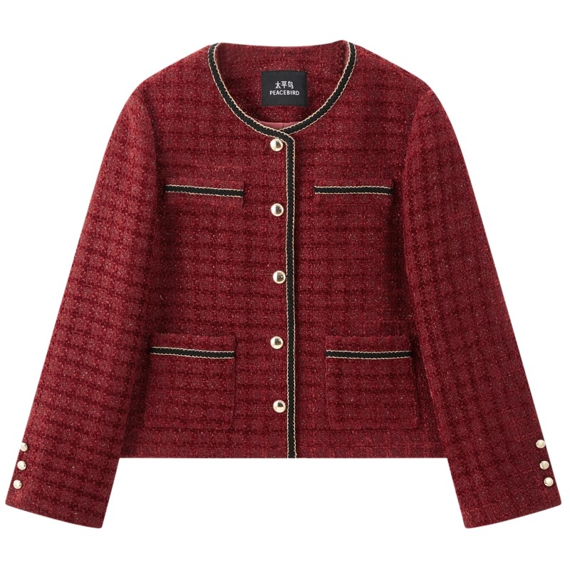 太平鸟新年战袍热红酒2.0红色小香套装合体箱型雪尼尔格纹外套女