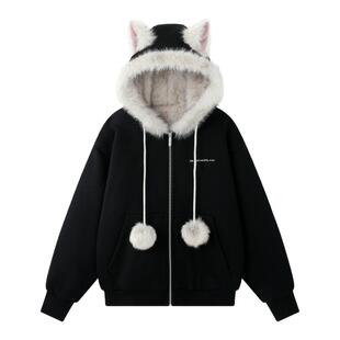 BJHG不计后果座山雕美式卫衣女款冬新款加绒保暖连帽拉链外套上衣