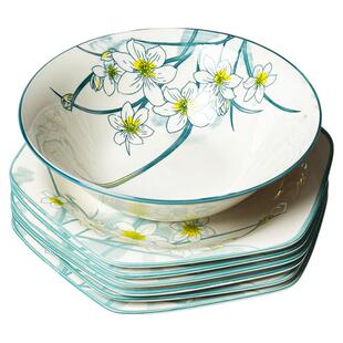 水仙花6+1盘子家用陶瓷餐具拼盘套装高颜值炒菜盘子六角盘菜碟子