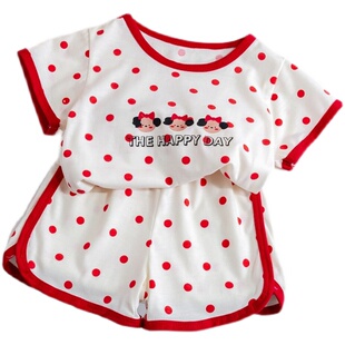 女童休闲套装韩国童装夏季洋气女宝宝卡通波点印花T恤裤子两件套