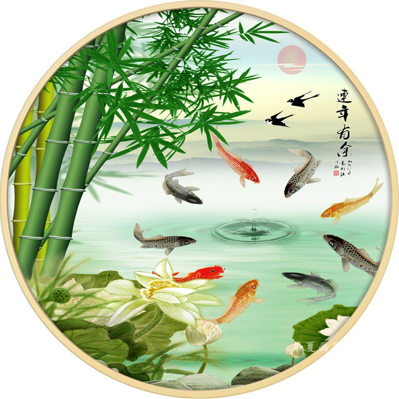 客厅玄关新中式圆形招财荷花挂画