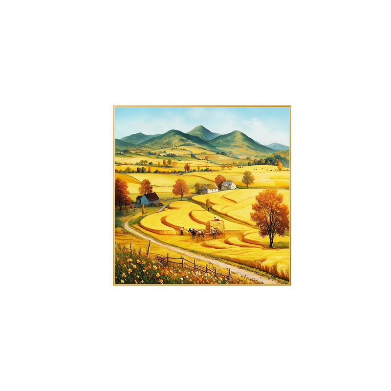 中古风丰收麦田客厅背景装饰画