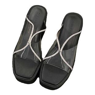 小众设计方头坡跟凉拖鞋女夏厚底一字拖鞋女水钻凉鞋11cm超高跟鞋