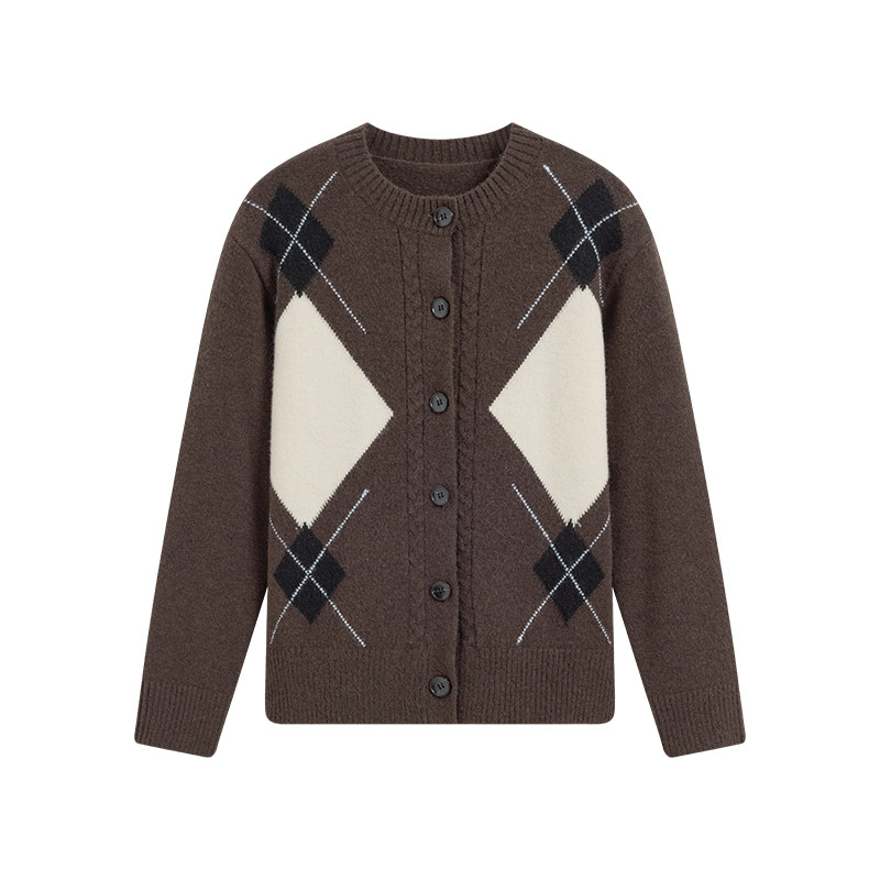 KBNE32支色纺羊剪绒菱格毛衣开衫外套女2026冬季新款绞花针织上衣
