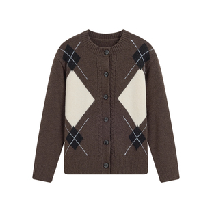 KBNE32支色纺羊剪绒菱格毛衣开衫外套女2025冬季新款绞花针织上衣