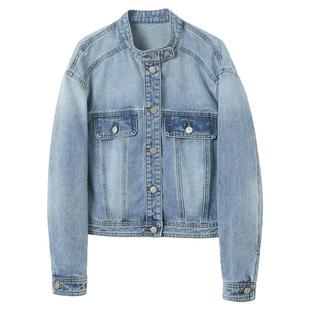 三彩2025春季新款宽松短款水洗牛仔外套立领长袖简约夹克上衣M