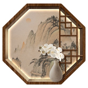 宋风雅韵玄关装饰画假窗户景禅意茶室挂画新中式山水画走廊壁画灯