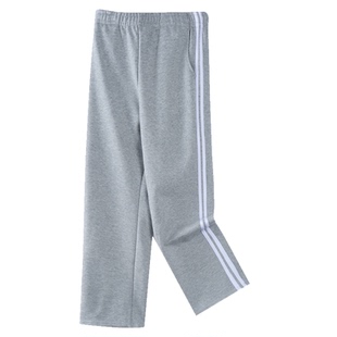 儿童两道杠深蓝运动裤加绒纯棉秋冬学生男女童浅灰直筒藏青色校服