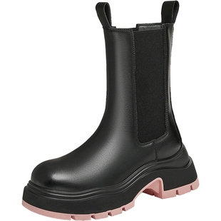 Tata他她黑巧烟筒靴厚底切尔西靴女加绒烟筒靴短靴子秋冬WJZ01DZ4