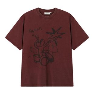 物理少年 出去耍系列「摇滚鼓手」深酒红架子鼓水洗复古短袖T恤