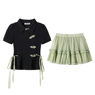 织物猪原创 春色怡然 新中式上衣+短裙两件套盘扣设计感国风套装