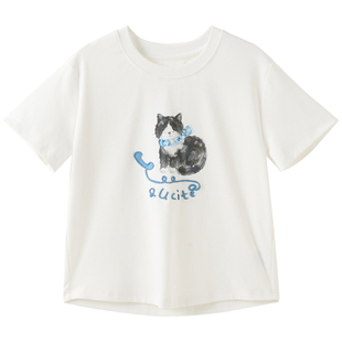 女大童猫咪短款修身T恤2026夏季新款青少年学生韩版正肩小版短袖