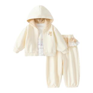 女童套装春装2026新款洋气超好看儿童连帽外套裤子宝宝卫衣三件套