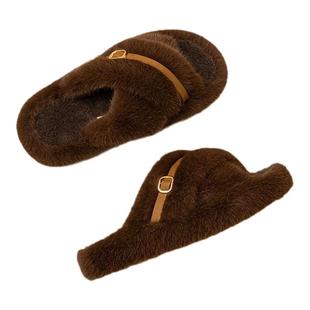 远港2024新款女士秋冬季室内交叉毛绒棉托防滑家居可外穿毛毛拖鞋