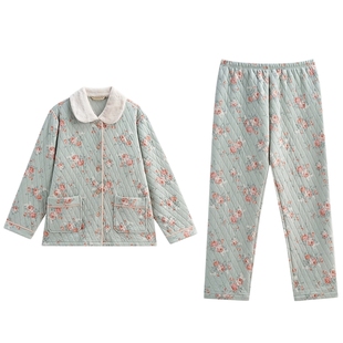 秋鹿恒温保暖夹棉纯棉睡衣秋冬季三层空气棉碎花洋气高级家居服女