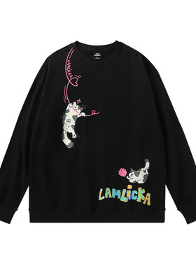 LAMLICKA毛线球小猫黑色卫衣圆领长袖上衣oversize宽松慵懒风外套