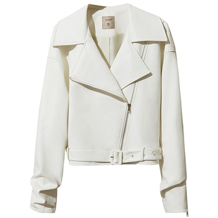 Amii极简宽松短款环保皮革PU皮衣女秋2025新款配腰带斜拉链短外套