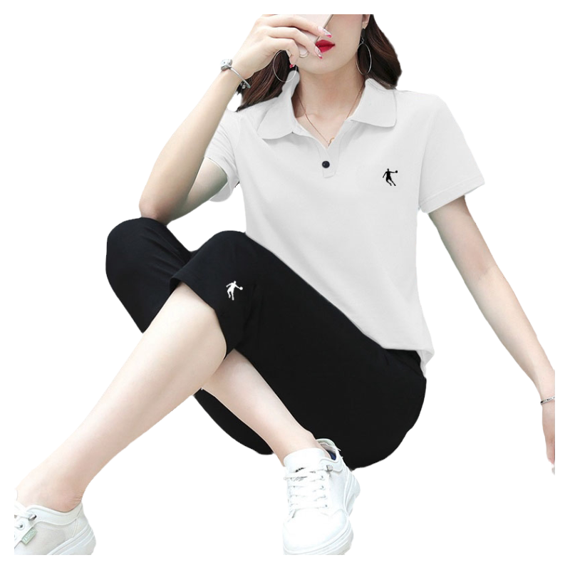 乔丹运动套装女POLO衫夏季冰丝排汗短袖梭织七分裤可定制工作服