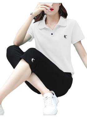 乔丹运动套装女POLO衫夏季冰丝排汗短袖梭织七分裤可定制工作服