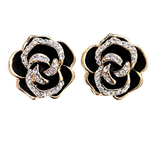 韩版气质夸张黑色玫瑰花朵无痛大耳夹防敏耳扣女耳钉山茶花钻耳夹