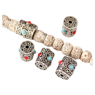 藏银镶嵌六字真言桶珠南红绿松石老型珠隔珠DIY金刚菩提文玩配件