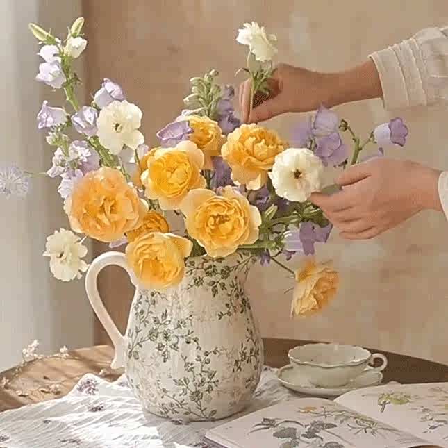 复古法式花瓶陶瓷客厅摆件插花瓶鲜花干花屏田园花壶洋牡丹百合花