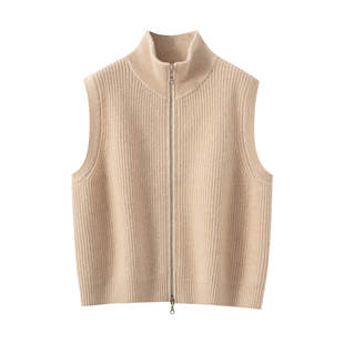 秋冬新款100%纯山羊绒马甲女半高领拉链针织背心宽松显瘦坎肩马夹