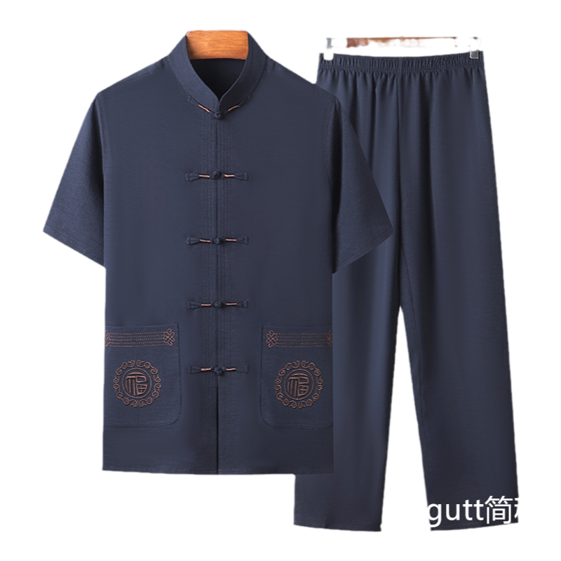 新款夏季中年爸爸夏装套装短袖唐装太极服男中老年中国风休闲衣服