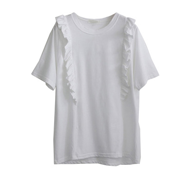 韩版气质荷叶边圆领T恤女法式