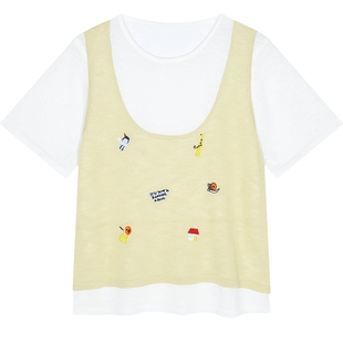 妖精的口袋假两件动物刺绣短袖针织衫女2026年春夏新款设计感上衣