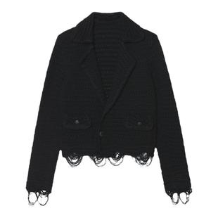 JNBY/江南布衣折扣春夏风编织外套女小香宽松翻领破洞开衫通勤款