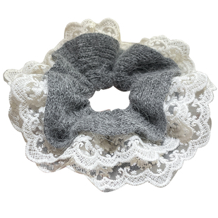 蕾丝花边灰色针织大肠发圈新款慵懒风扎头发头绳百搭丸子头花发饰
