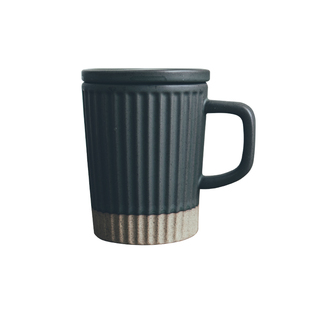 半宅复古粗陶带盖马克杯竖条纹陶瓷早餐牛奶杯情侣办公室防尘水杯